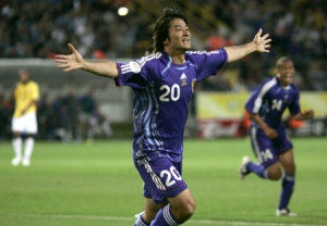 Japan's Keiji Tamada celebrates scoring his team's first goal against Brazil during their Group F World Cup 2006 soccer match in Dortmund